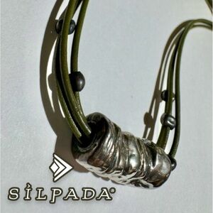 Silpada 925 Sterling Silver Necklace with green Leather cord Sterling beads